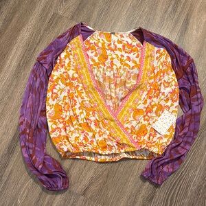 Free People Floral Wrap Top with Purple Sleeves